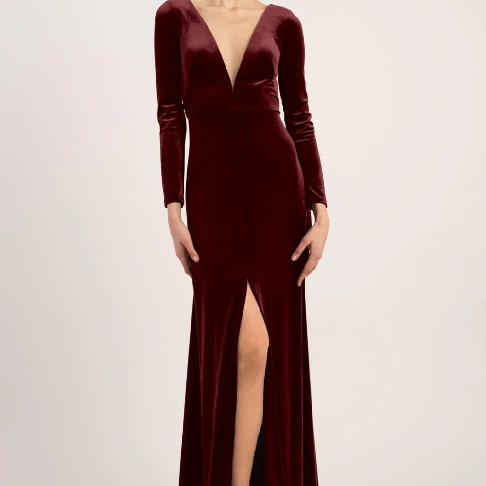 Jenny Yoo Malia Velvet Long Sleeve Dress - Maroon